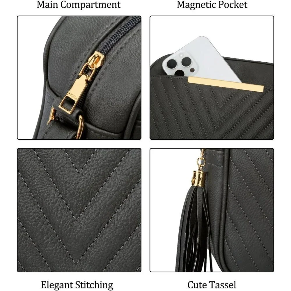 Quilted Vegan Leather Crossbody Bag Women Stylish Shoulder Purse with Tassel